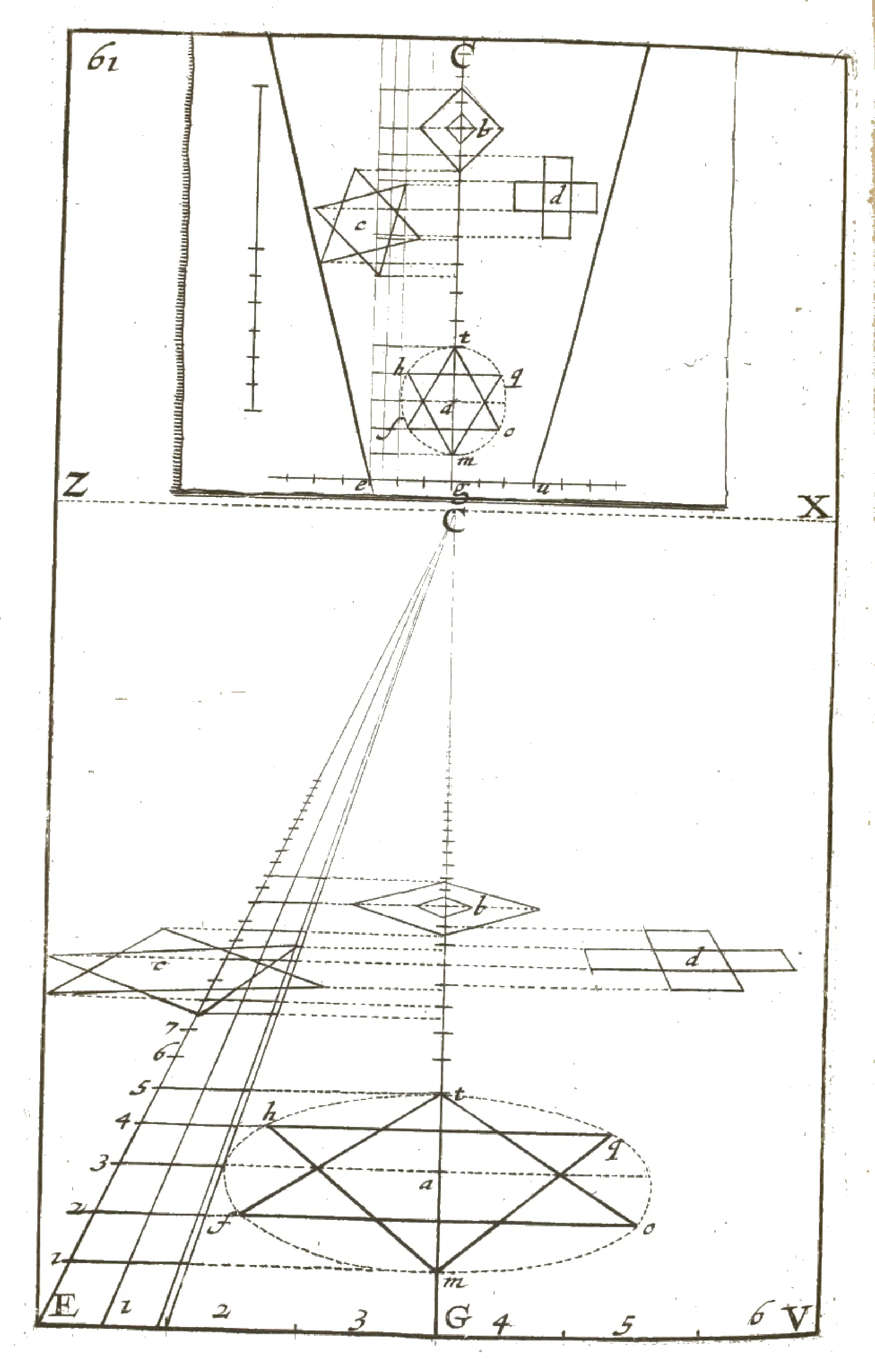 Planche 61 de la 'Maniere universelle de Mr Desargues, pour pratiquer la Perspective par petit-pied, comme le Geometral'